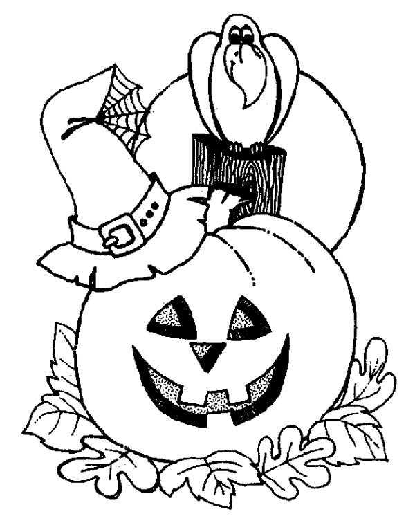 600x769 Witch Hat And Crow And Pumpkins Coloring Page
