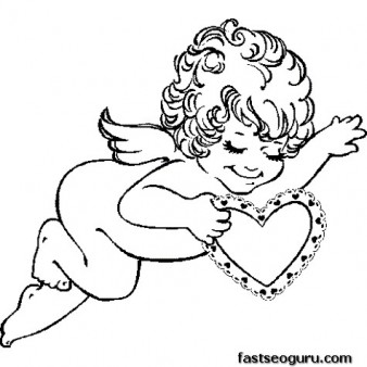 338x338 Print Out Valentines Day Cupid With Hearts Coloring Page Childrens