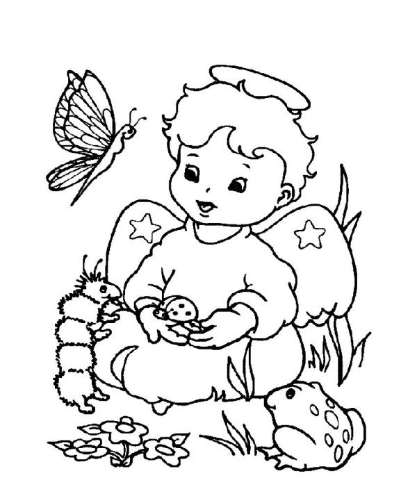 600x688 Cute Little Christmas Angel With Animals Coloring Pages