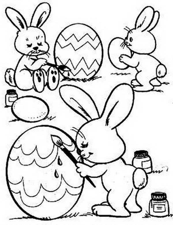 600x779 Three Cute Bunnies Decorating An Easter Eggs Coloring Page