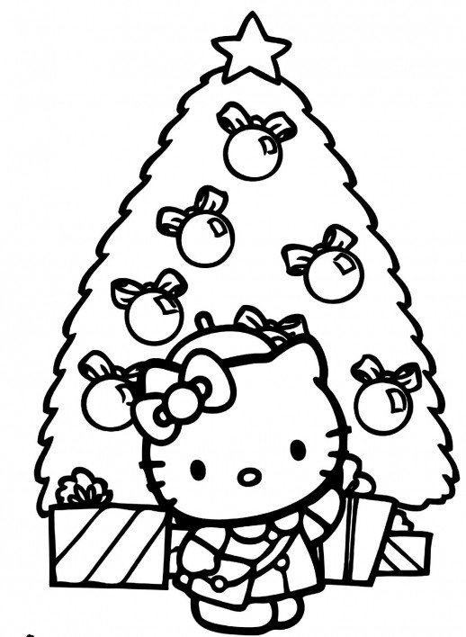 518x708 Kitty Standing In Front Of Big Christmas Tree Coloring Pages
