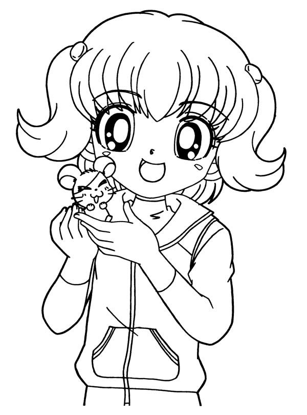 600x809 Anime Girl, Anime Girl And Little Hamtaro Coloring Page