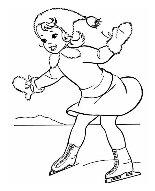 600x738 Cute Girl Playing Skates On Frozen Winter Lake Coloring Page