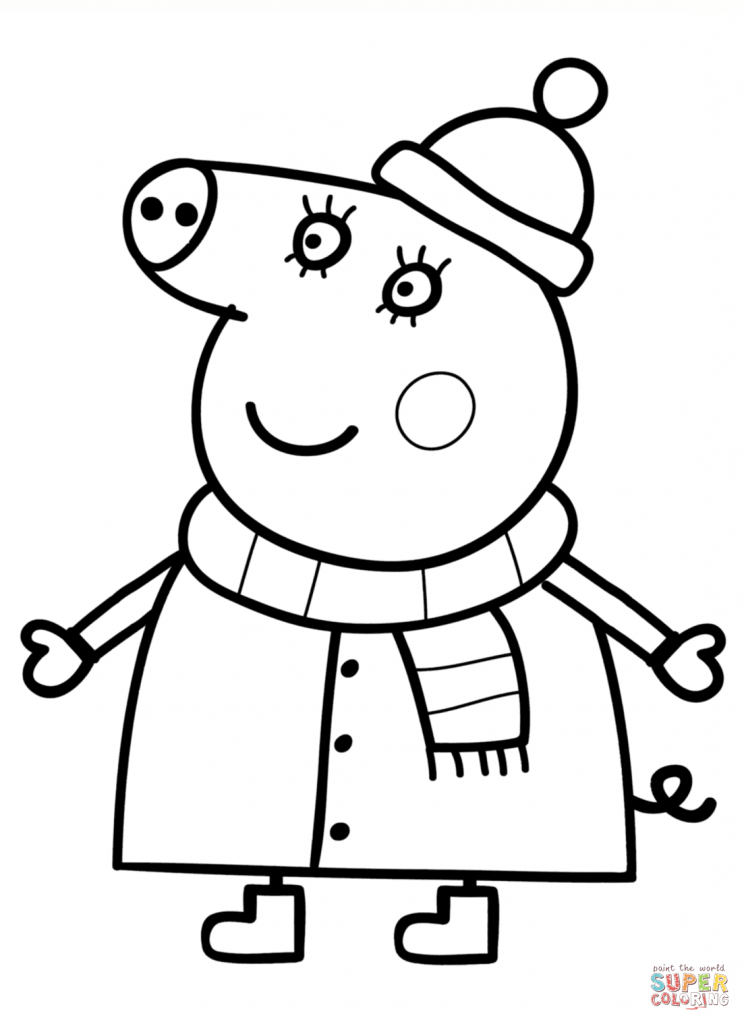 744x1024 Mummy Pig In Winter Suit Cartoon Coloring Page