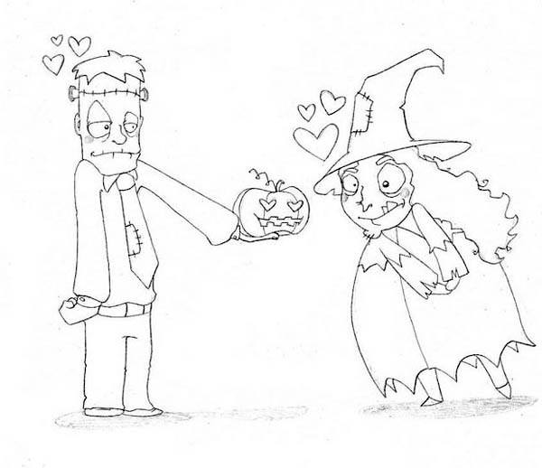 600x518 Frankenstein In Love With Cute Witch Coloring Page