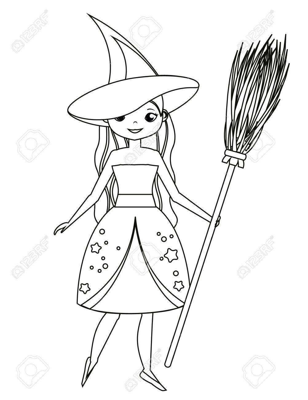 1002x1300 Marvelous Coloring Page For Children Cute Witch Holding Broom Girl