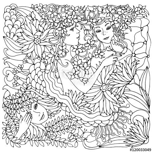 500x500 Floral Decorative Square With Surreal Female Faces, Leaves