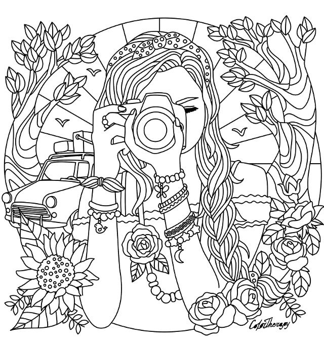 640x675 Girl With A Camera Coloring Page Coloring Pages For Adults
