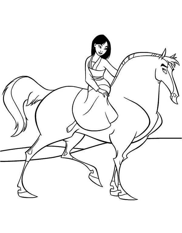 600x770 Mulan Riding Li Shang's Horse Coloring Page