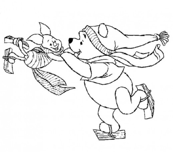 580x509 Winnie And Piglet Playing Ice Skating Winter Coloring Pages