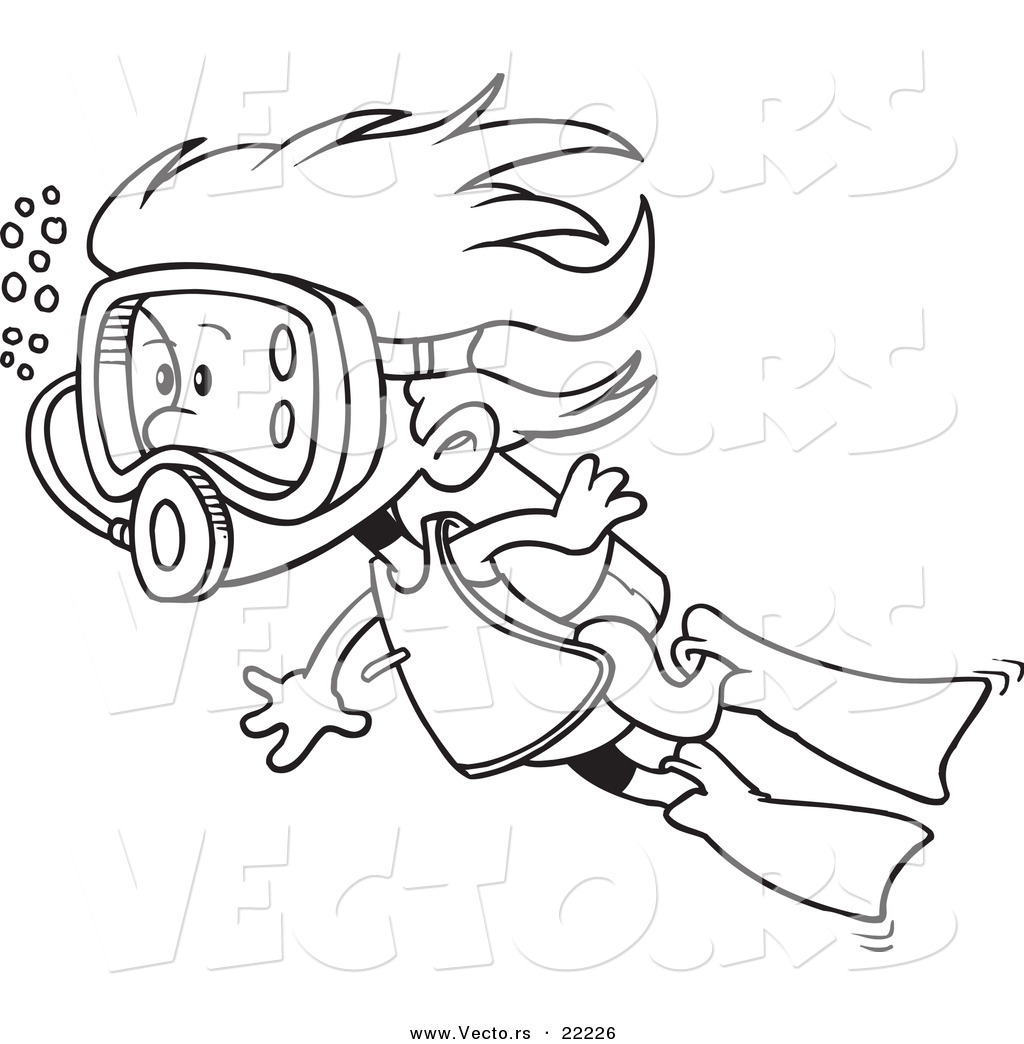 1024x1044 Vector Of A Cartoon Scuba Girl Swimming Outlined Coloring Page