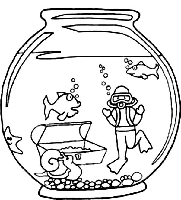 600x662 Fish And Diver In Fish Bowl Coloring Page