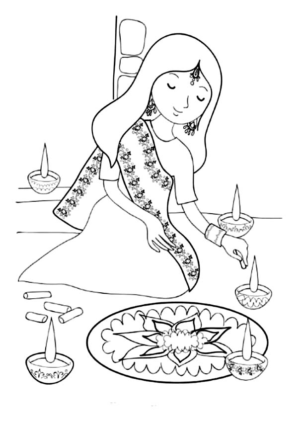 600x857 Girl Painting Rangoli For Diwali Festival Coloring Page