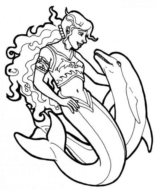 600x734 Mermaid, Warrior Mermaid With Her Dolphin Coloring Page Ripple