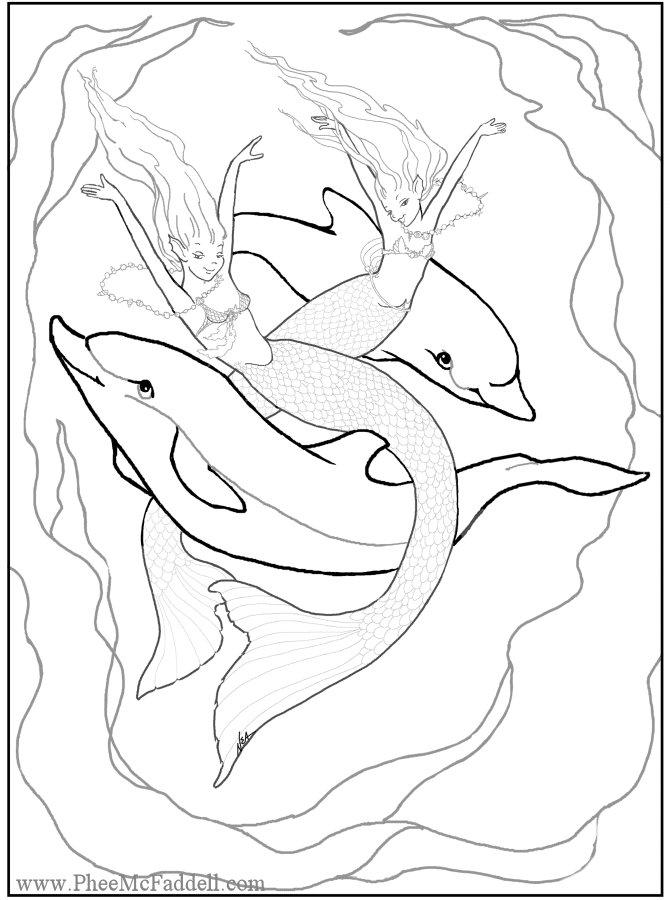 670x900 Young Mermaids With Dolphins Coloring Page