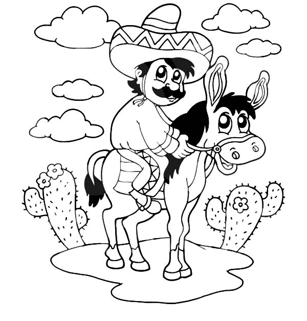 600x627 Mexican Man Sitting On A Donkey Coloring Pages Color Luna