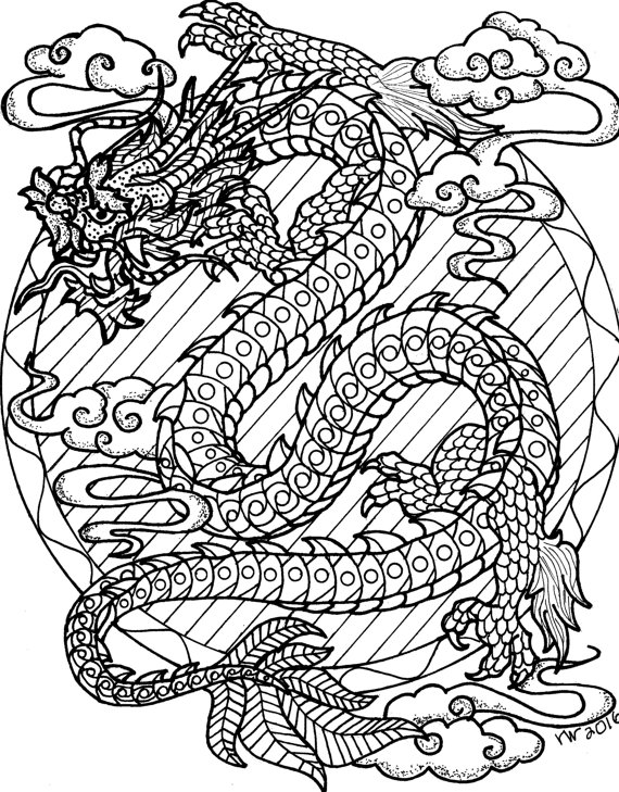 570x729 Coloring Page, Zentangle, Chinese Dragon Digital Coloring Pdf
