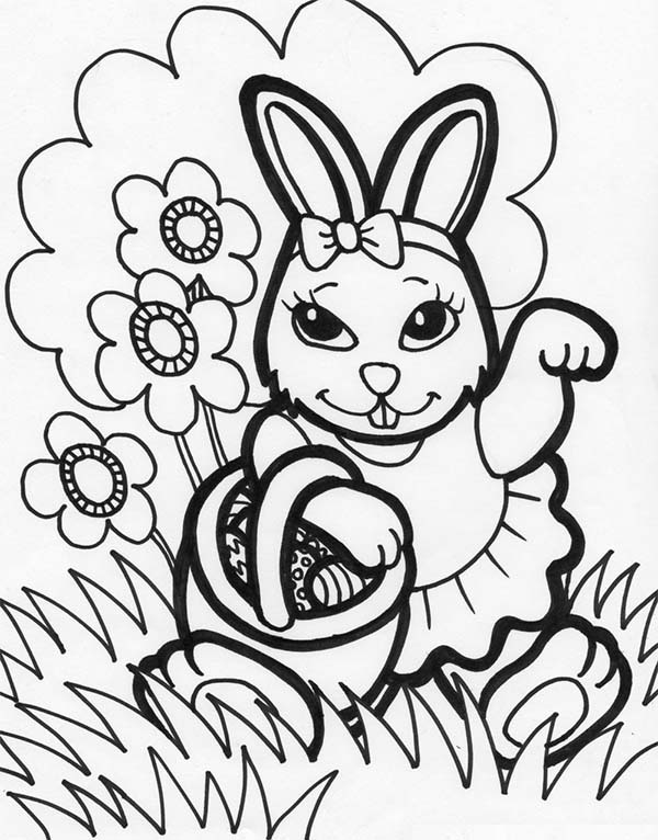600x766 Female Easter Bunny Holding A Basket Easter Eggs Coloring Page