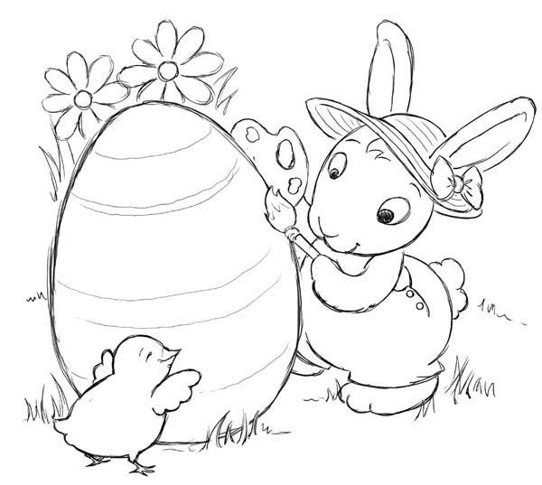 600x537 Little Chick Helping Easter Bunny Decorated Easter Egg Coloring