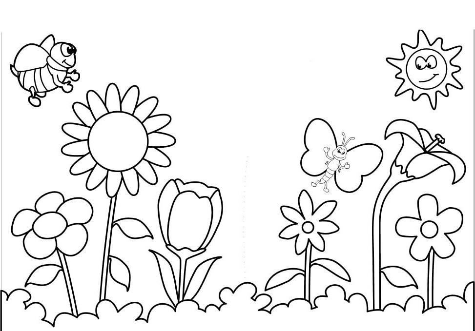 973x679 Spring And Butterfly Flowers Coloring Page