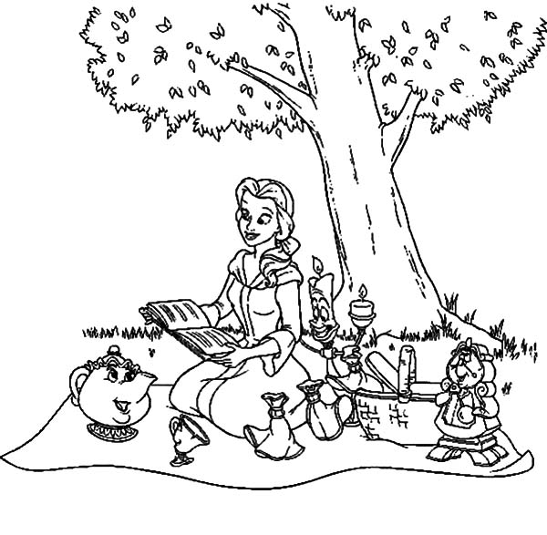 600x587 Belle And Friends Family Picnic Coloring Pages