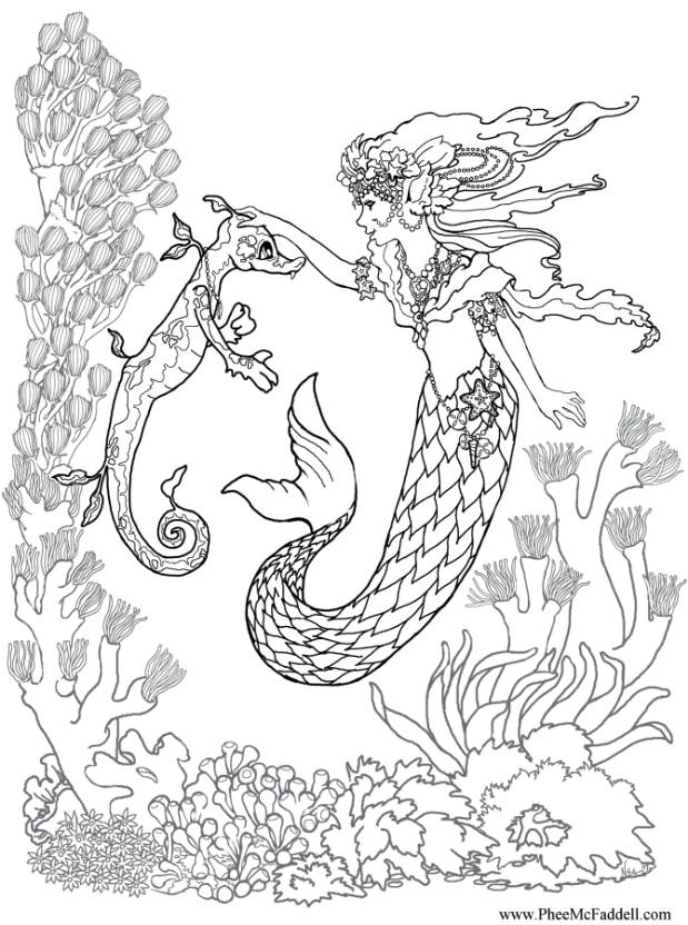 619x832 Detailed Mermaid Coloring Pages
