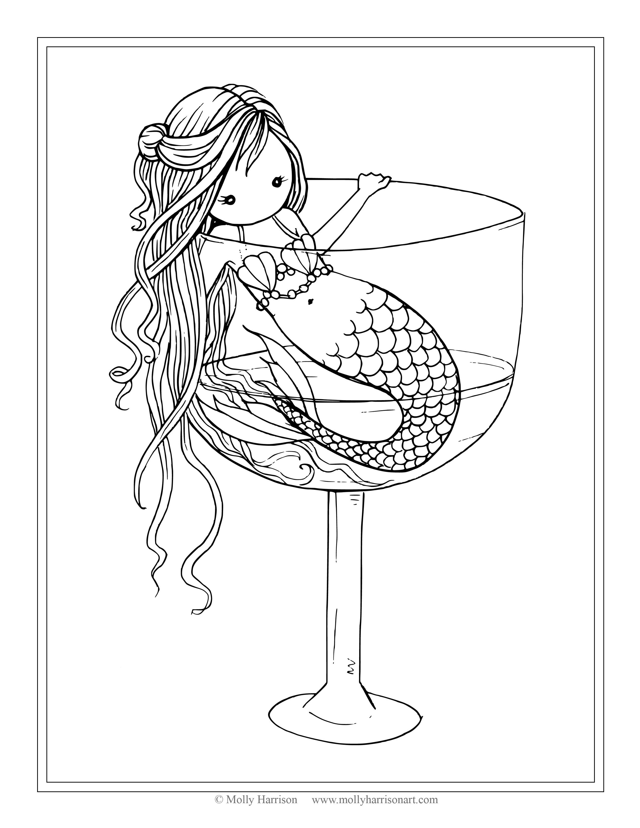 2550x3300 Free Mermaid Coloring Page Mermaid In Wine Glass