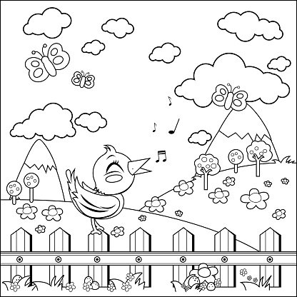 416x416 Bird On A Fence In The Coloring Book Page Premium Clipart