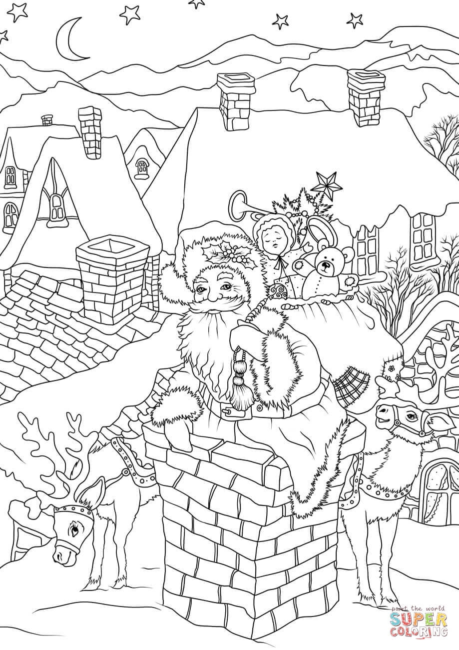 919x1300 Cool Santa Claus With Presents Is Entering House Via