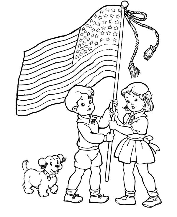 600x734 Two Excited Kids And Dog On Flag Day Coloring Pages