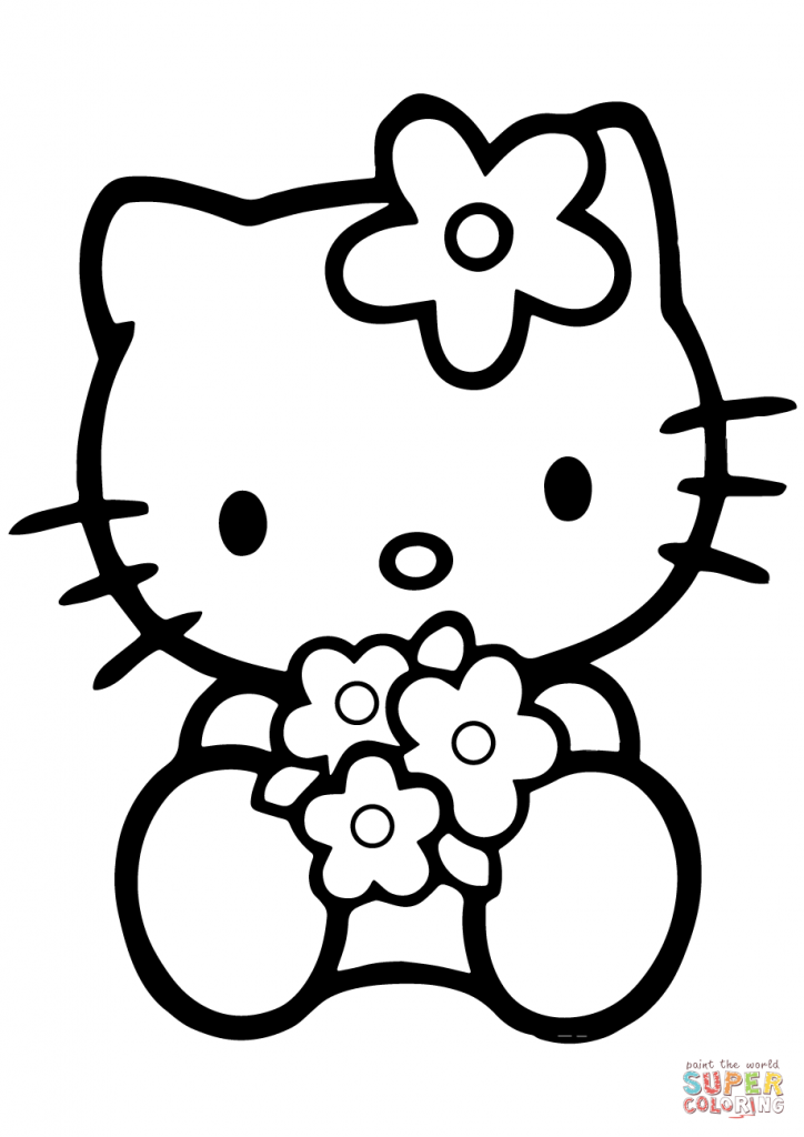 724x1024 Hello Kitty With Flowers Cartoon Coloring Page