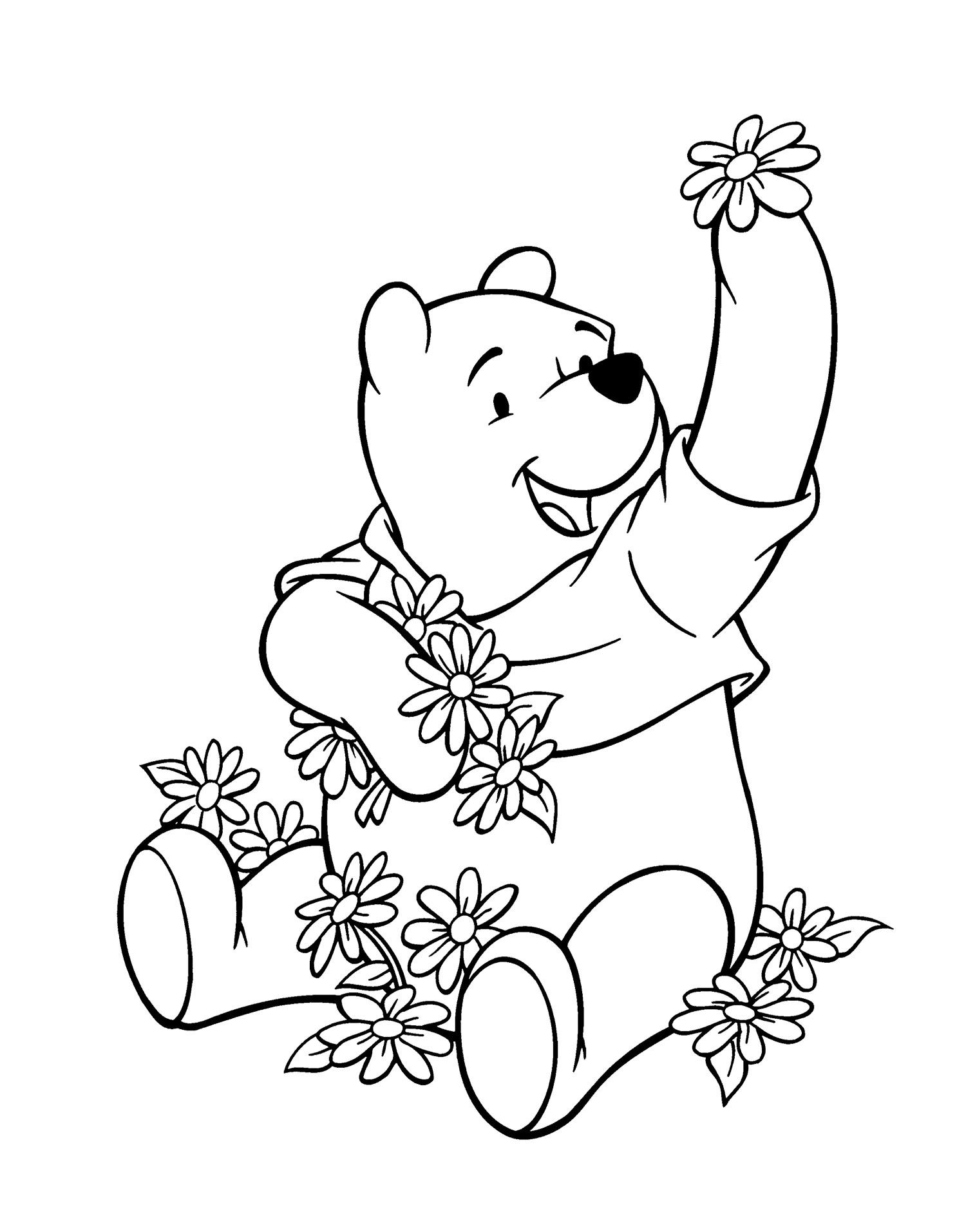 1500x1913 Winnie Pooh And Many Flowers Coloring Page Winnie