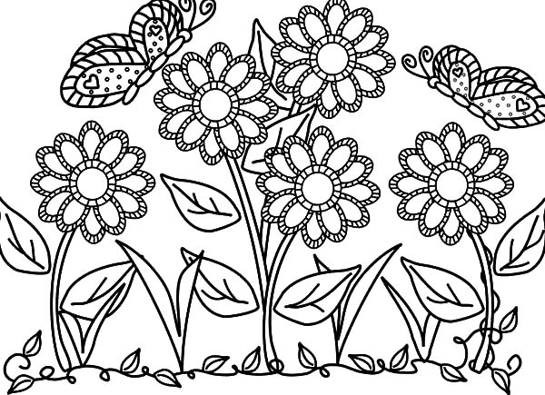 600x435 Garden Flowers Coloring Pages Butterfly With Flower In The Garden