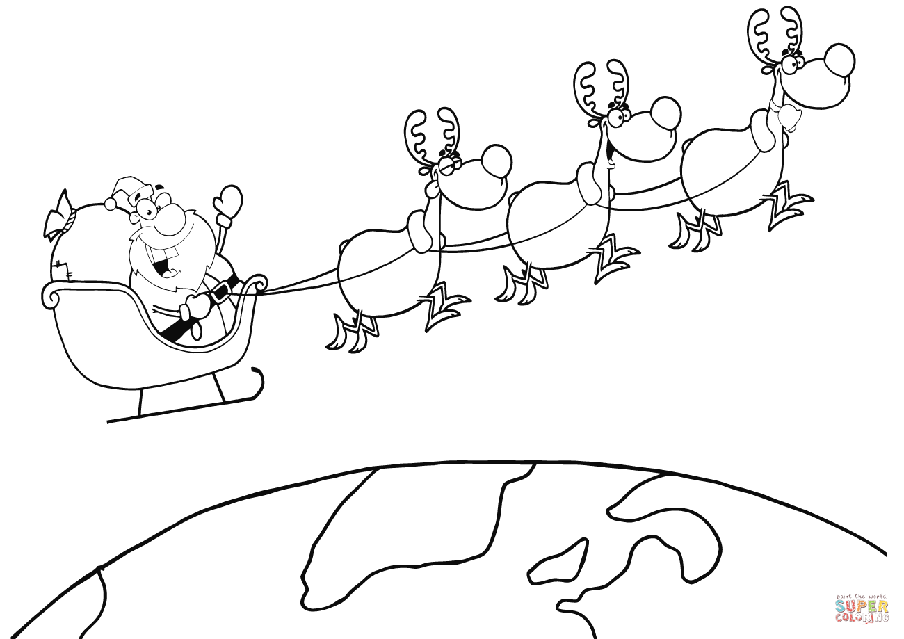 1300x919 Team Of Reindeer And Santa In His Sleigh Flying Above The Globe