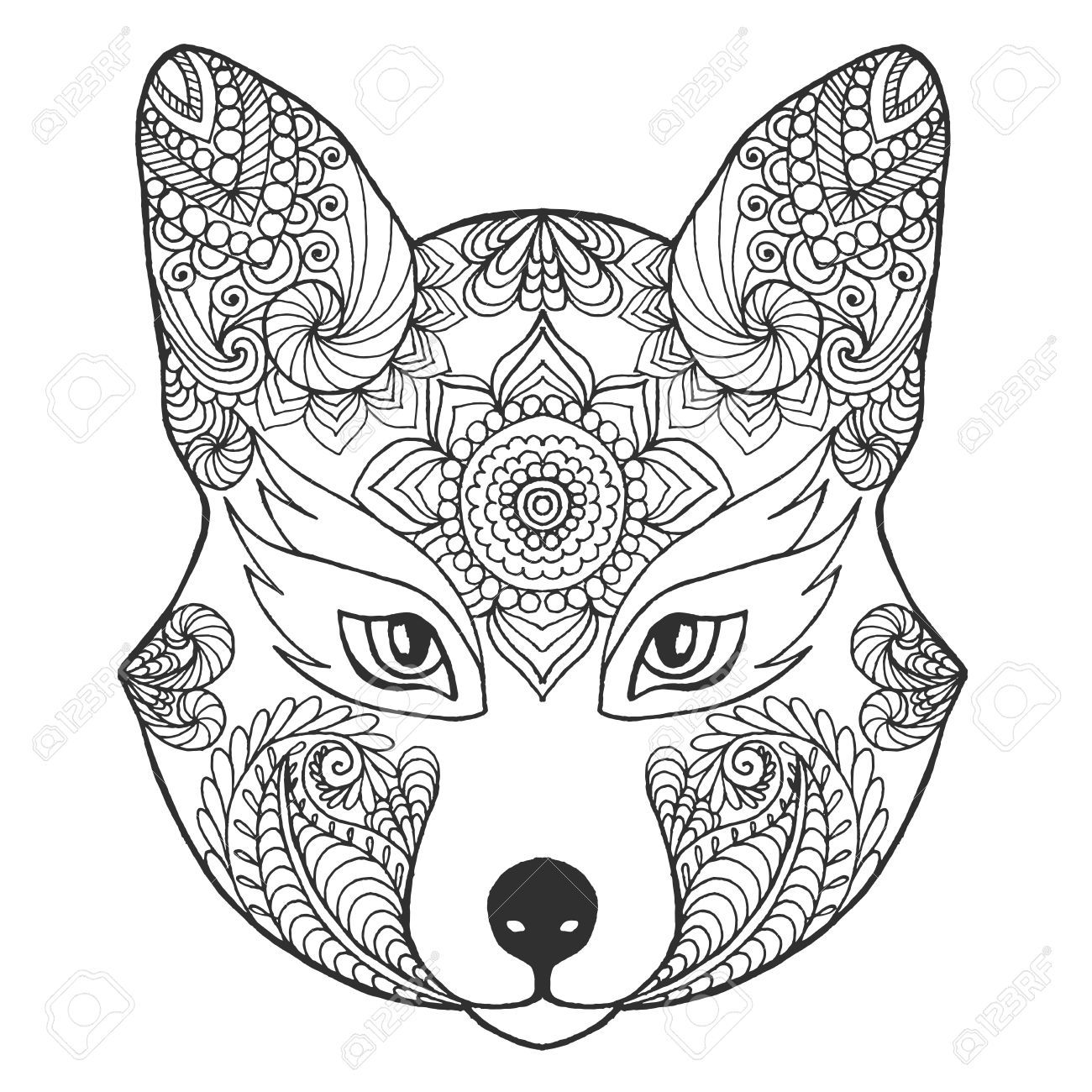 1300x1300 Fox Head Black White Hand Drawn Doodle Animal Ethnic Patterned