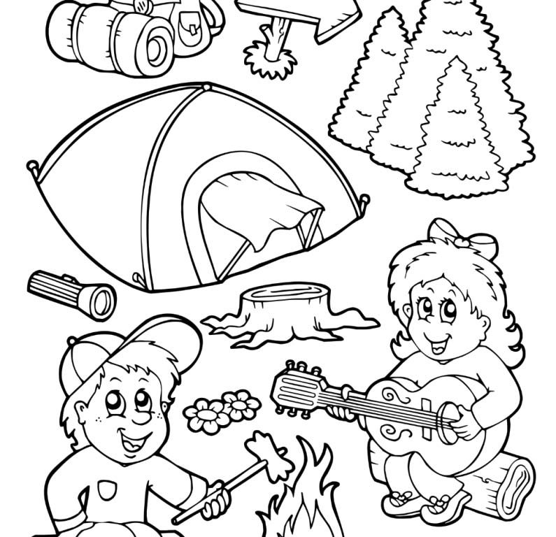 795x768 Camping Scene Coloring Pages Gear Free For Kids Printable Book