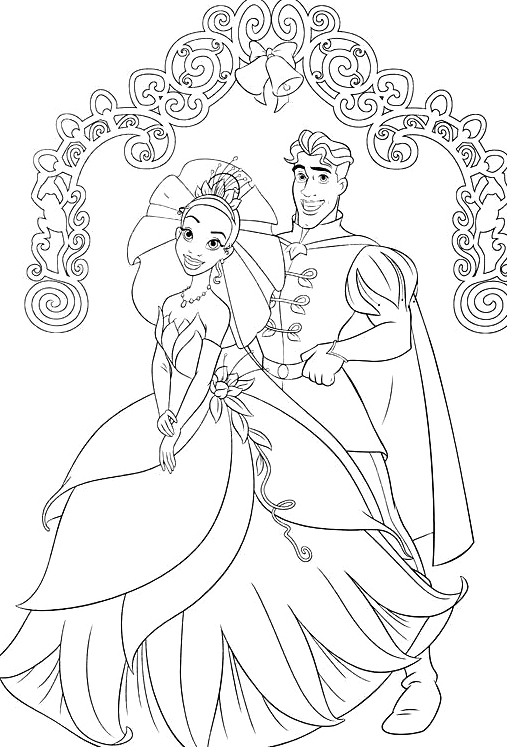 507x747 Princess Tiana And The Frog Prince Ready To Marry Coloring Pages