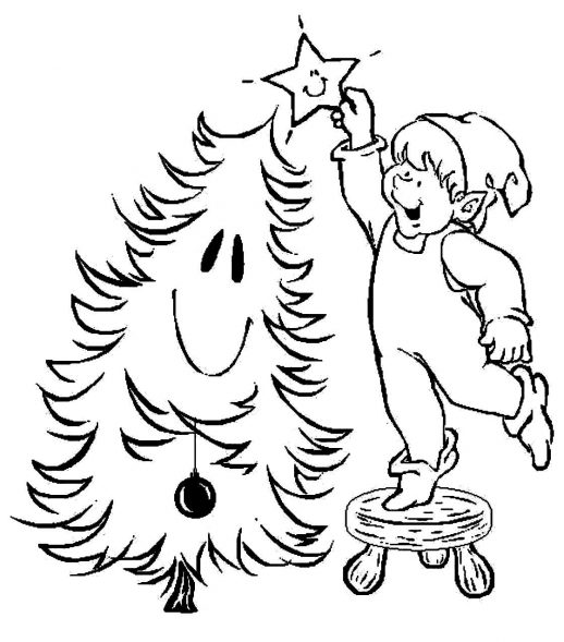 518x589 An Elf Will Put A Star On A Funny Christmas Tree Coloring Pages