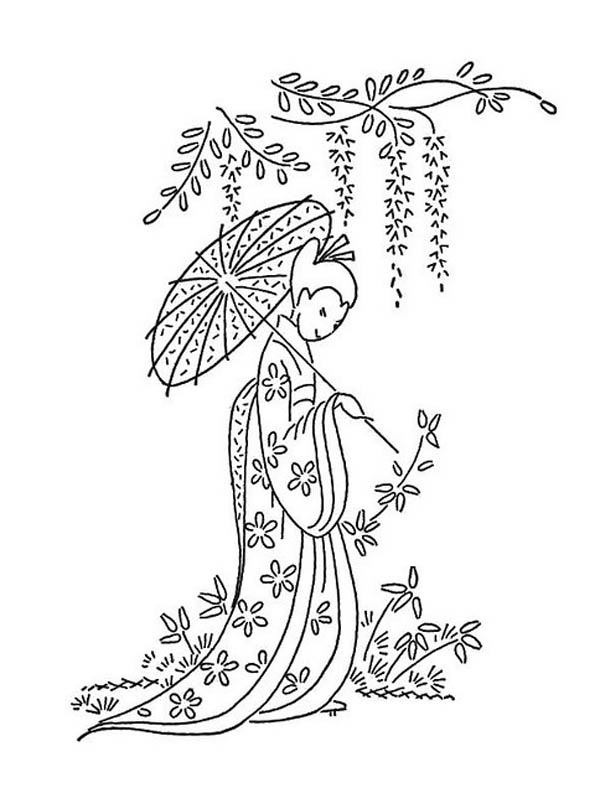 600x793 Geisha Under Blooming Tree Coloring Page
