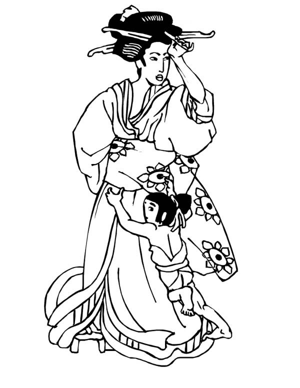 600x776 Geisha In Classic Drawing Coloring Page