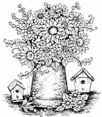332x381 Northwoods Rubber Stamp Gerbera Daisy Vase Birdhouses