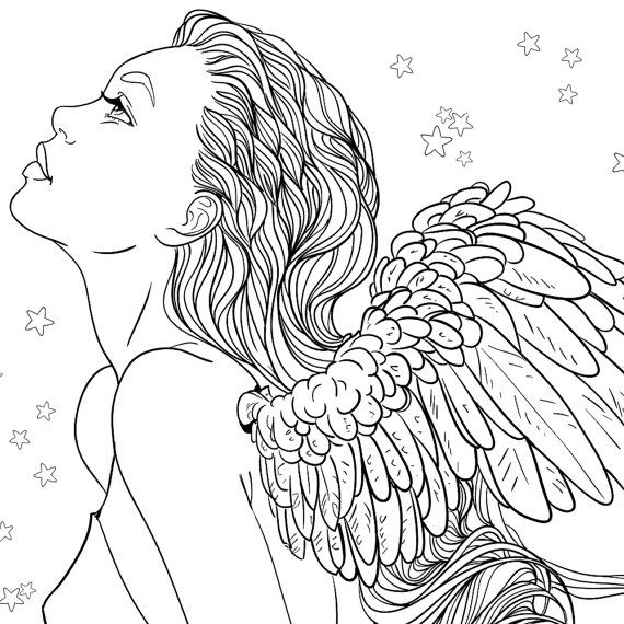 570x570 Adult Coloring Page Fantasy Girl Angel Line Art Fantasy Girl