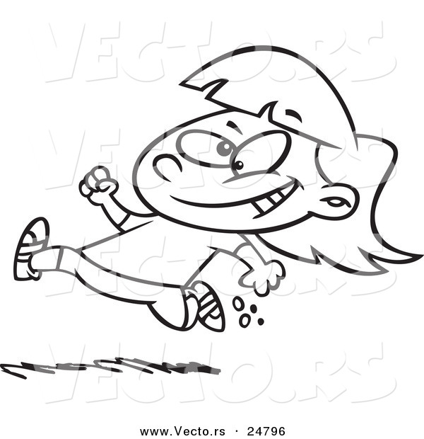 600x620 Vector Of A Cartoon Black And White Outline Little Girl Running