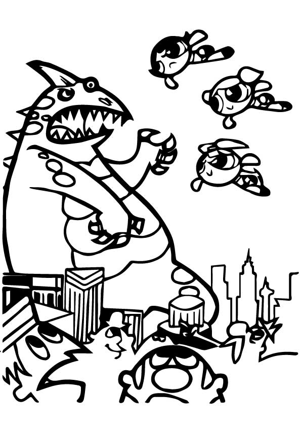 595x842 The Powerpuff Girls Attacking The Monster Coloring Pages