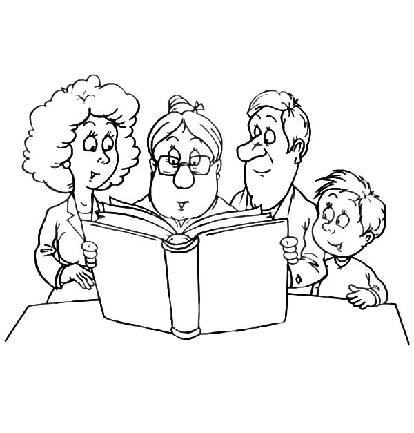 600x627 Family Coloring Page Granny Reading A Story To A Joint Family