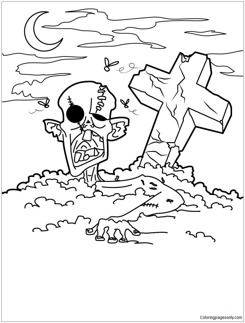 833x1099 Zombie In The Graveyard Coloring Page