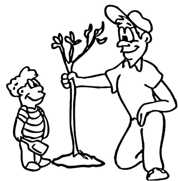 600x609 Father Take His Son Growing Tree On Arbor Day Coloring Pages