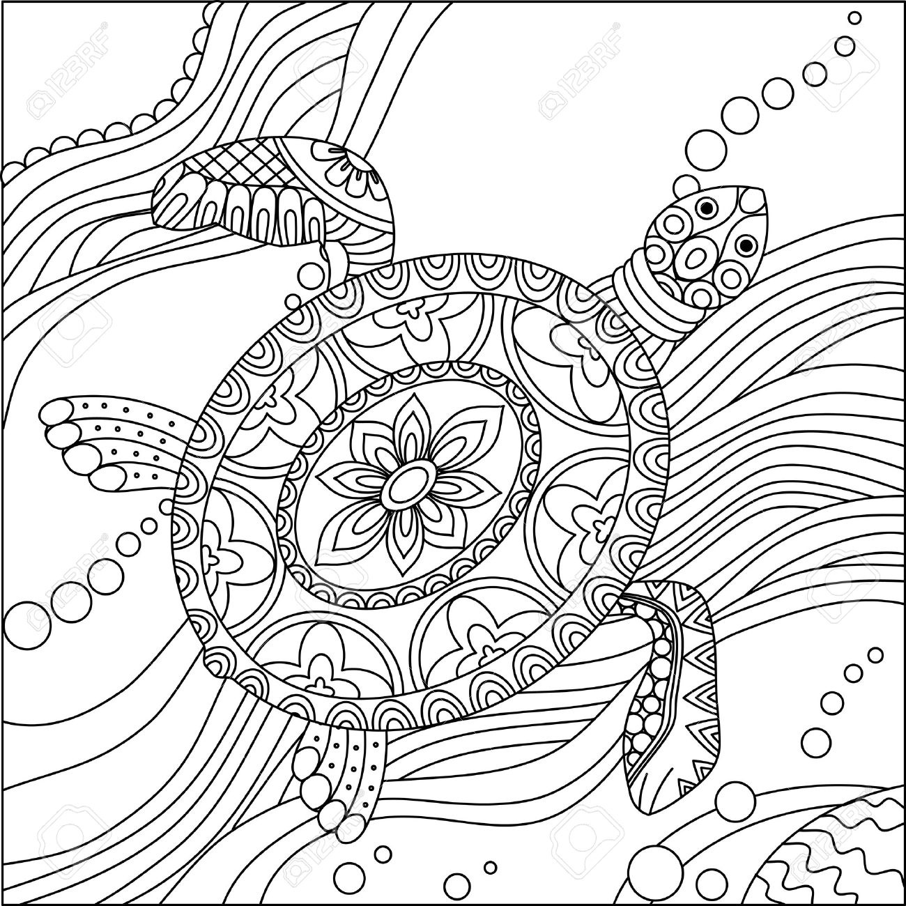 1300x1300 Fresh Sea Turtle Doodle Hand Drawn Vector Illustration Coloring