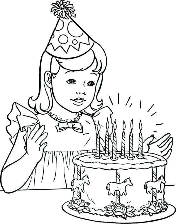 600x762 Girls Coloring Page A Little Girl With Happy Birthday Cake