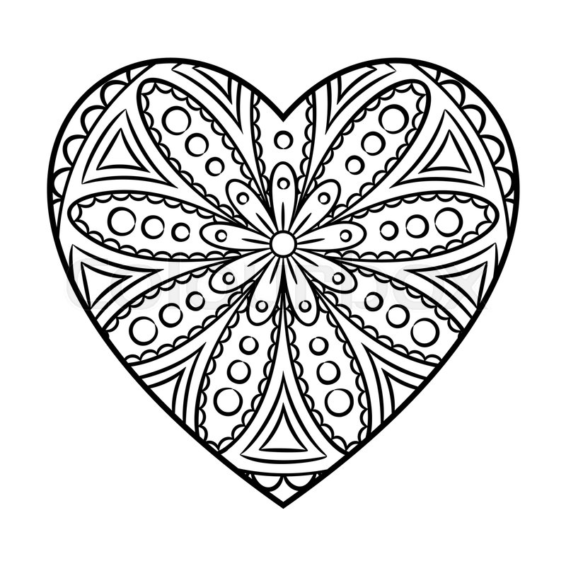 800x800 Doodle Heart Mandala Coloring Page Outline Floral Design Element